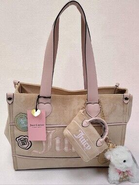 Juicy Couture STUDY IN STYLE Tote Shoulder Bag Coin Purse/Charms Buff Beige PINK